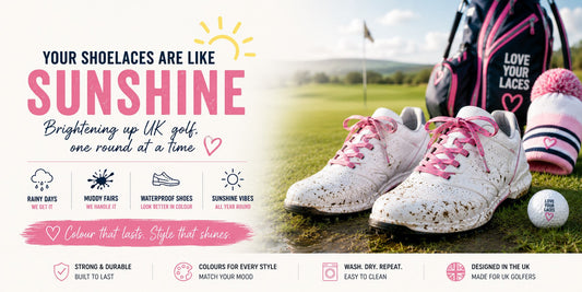 colourful golf shoelaces on muddy UK golf course