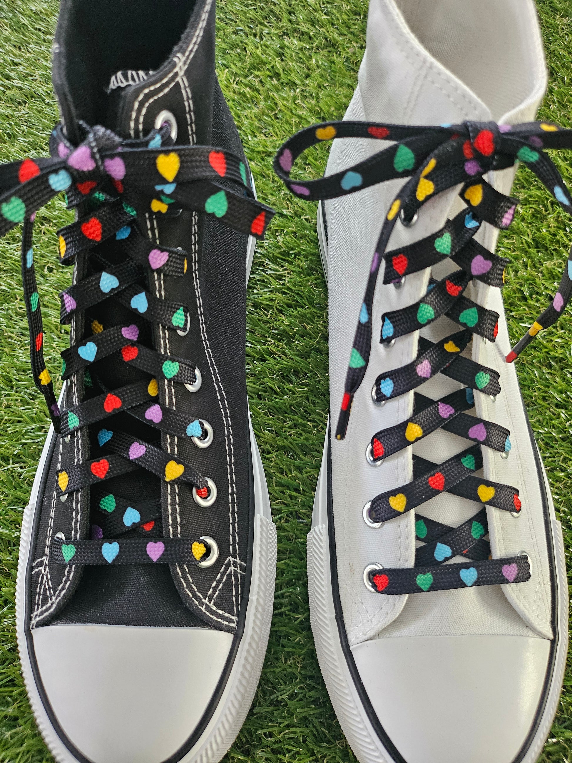 Black & Multi Coloured Heart Laces on a black and a white converse boot