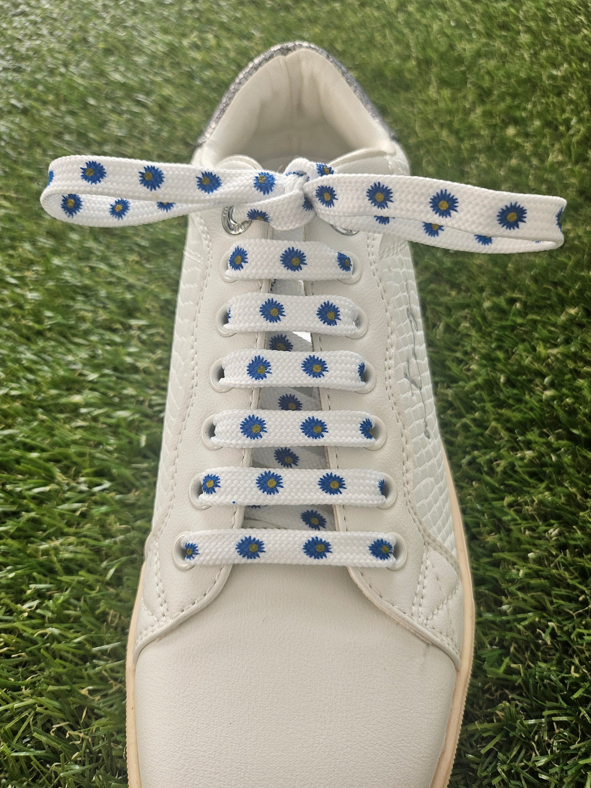 White sneaker with blue and white dairy flowers shoelaces on a grass background