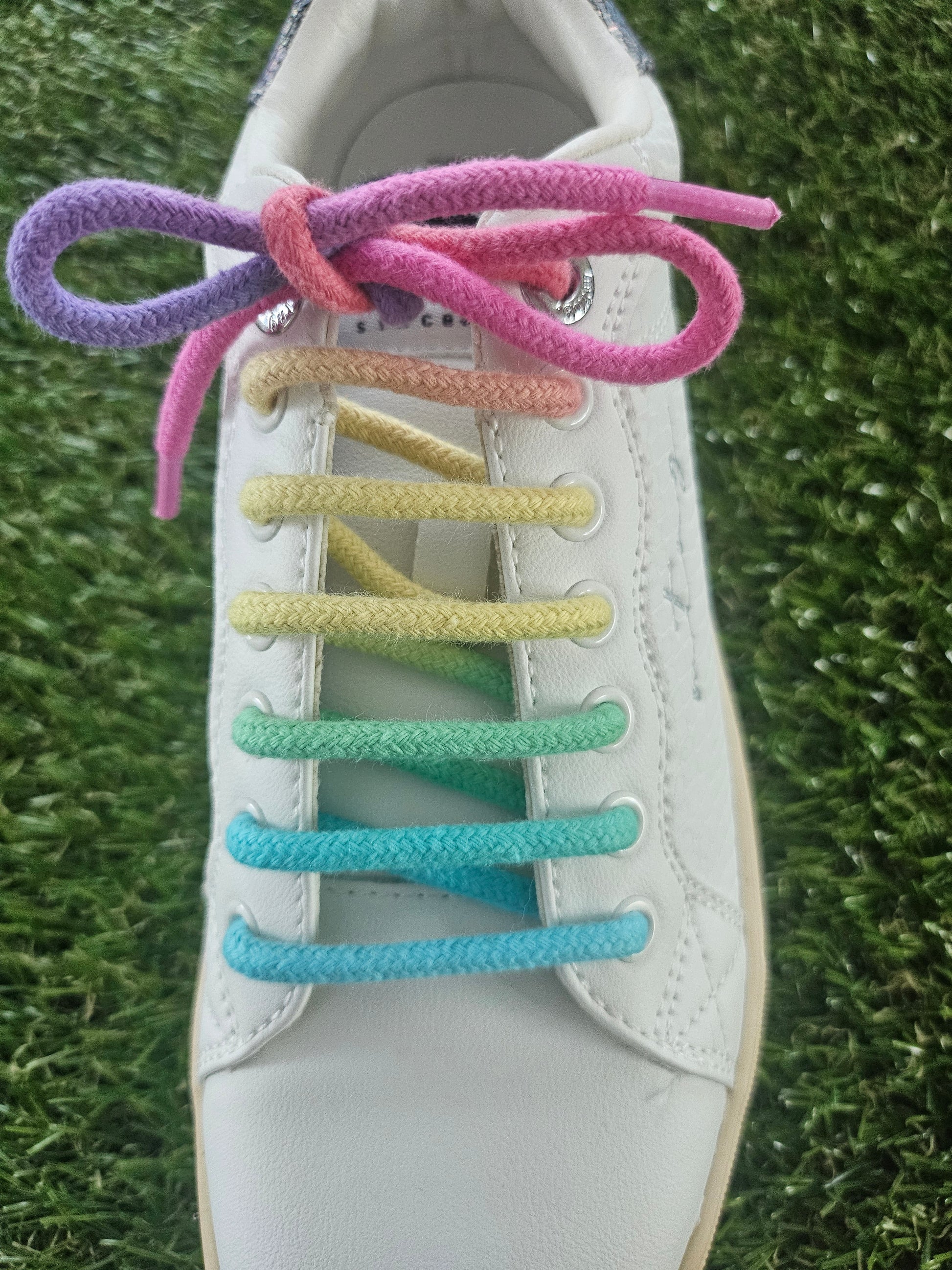 White shoe with colorful shoelaces on a grass background