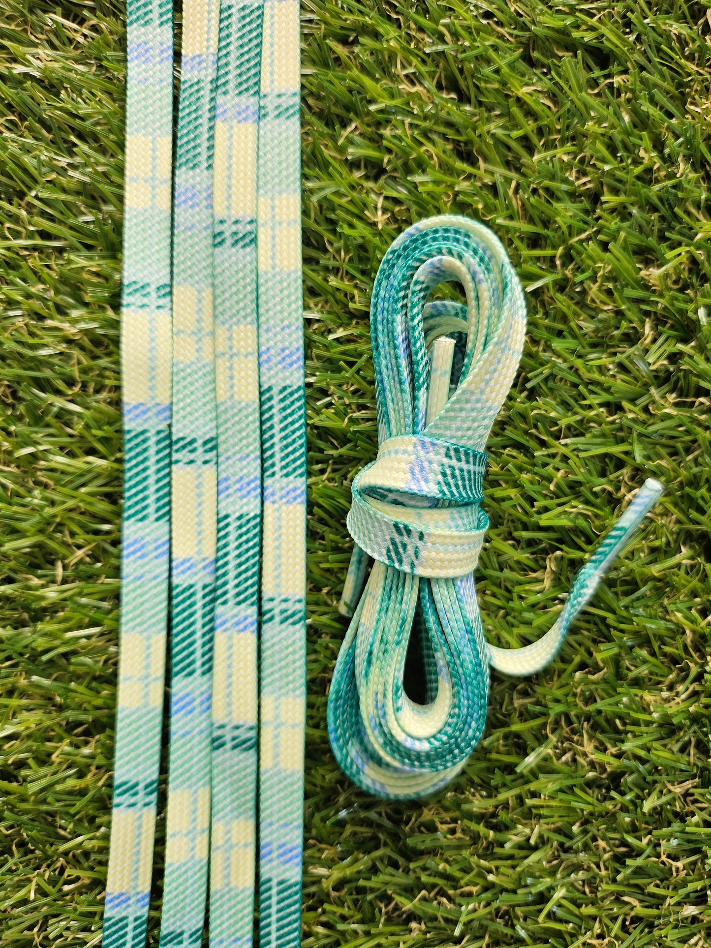 Light green and blue tartan shoelaces for golf shoes and trainers
