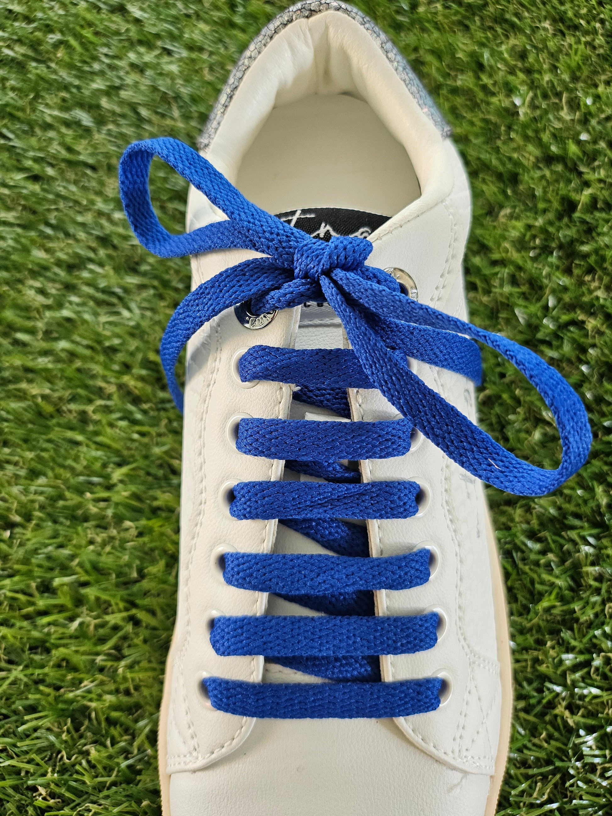 White sneaker with blue shoelaces on a grass background