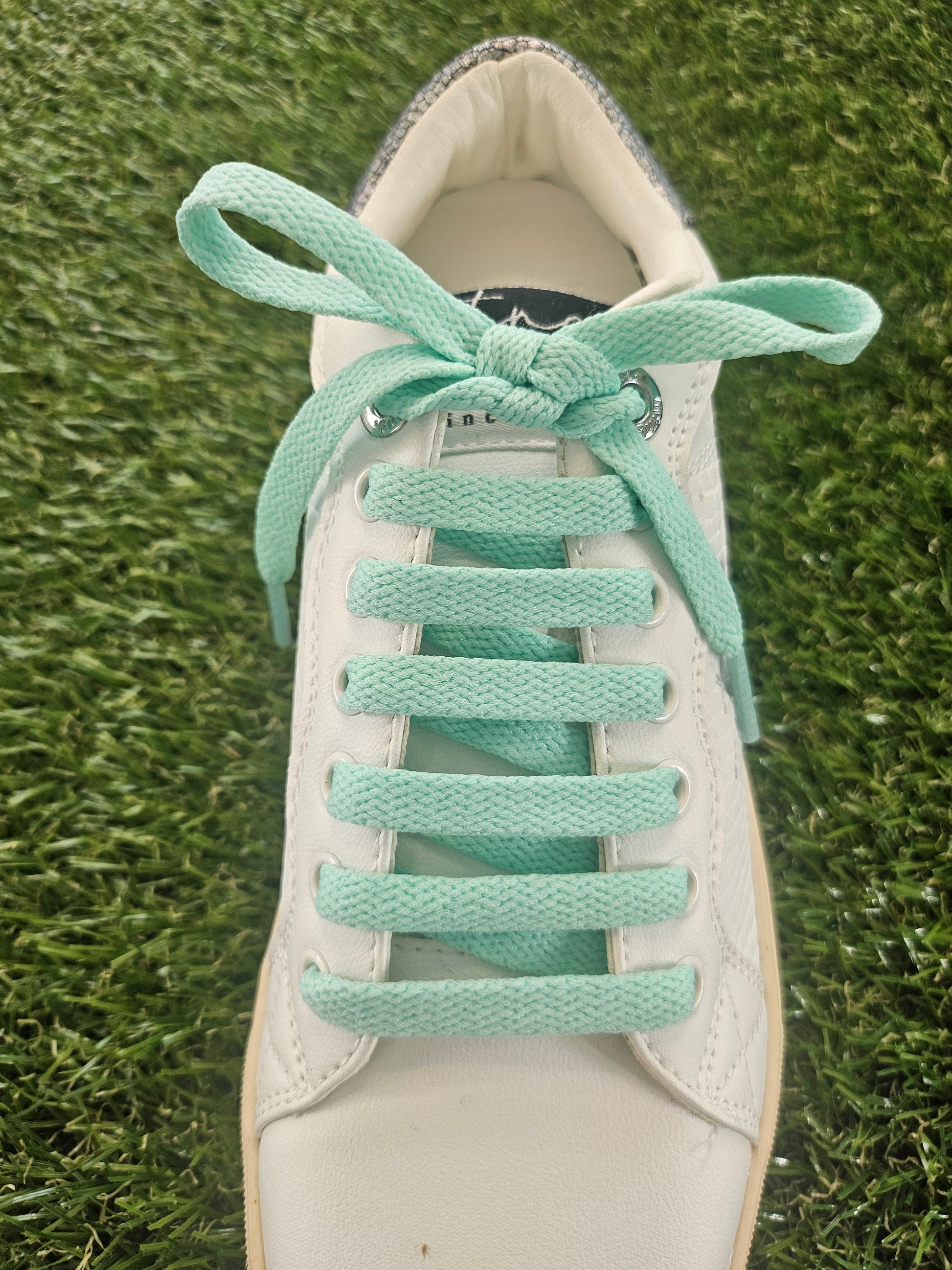 White sneaker with mint green shoelaces on a grass background