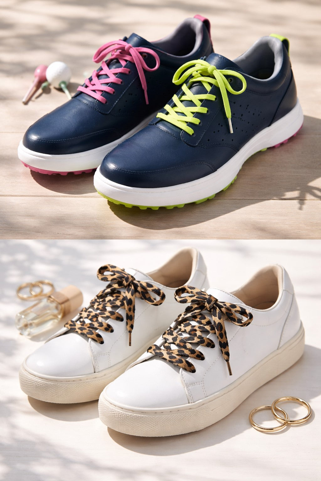 in the top of the picture there are a pair of navy golf shoes one with a yellow lace and the other has a pink lace. at the bottom of the picture there is a cream colour pair of sneakers with leopard patterned shoelaces.