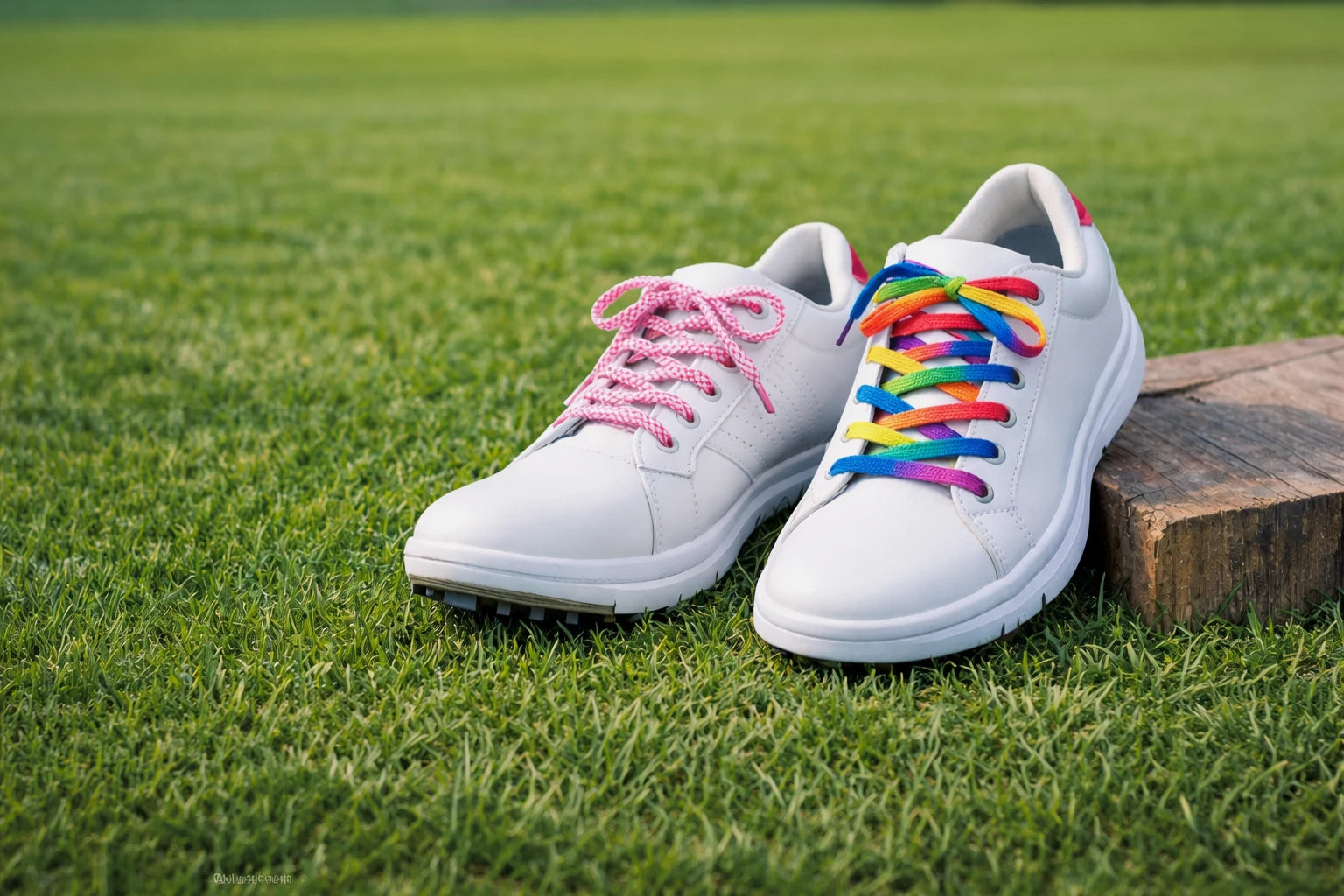 A pair of white golf shoes on some grass. One shoe has pink and white checked coloured shoe laces and the other shoe has a rainbow lace