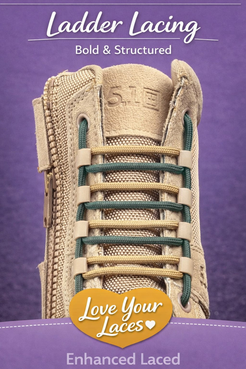 Beige boot with ladder lacing on a purple background from Love Your Laces