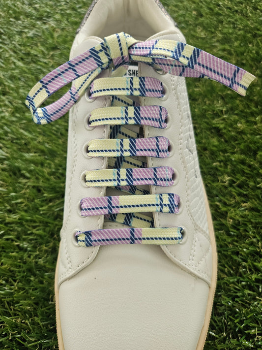 Lemon & Lilac Pastel Tartan Shoelaces on grass