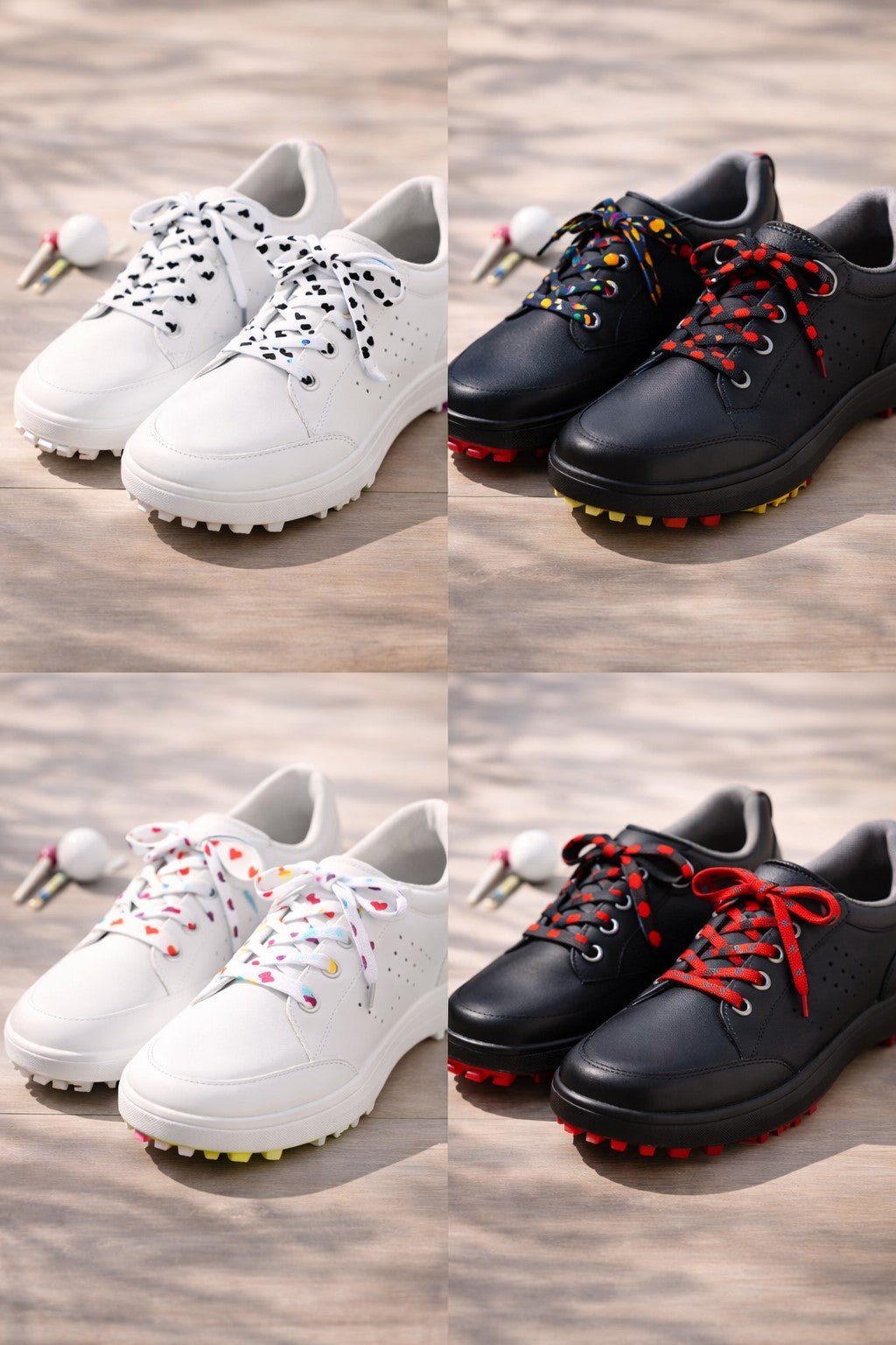 Two pairs of golf shoes, one white and one black, on a wooden floor. They all have different coloured heart coloured laces - multi coloured, black and red, black and white.