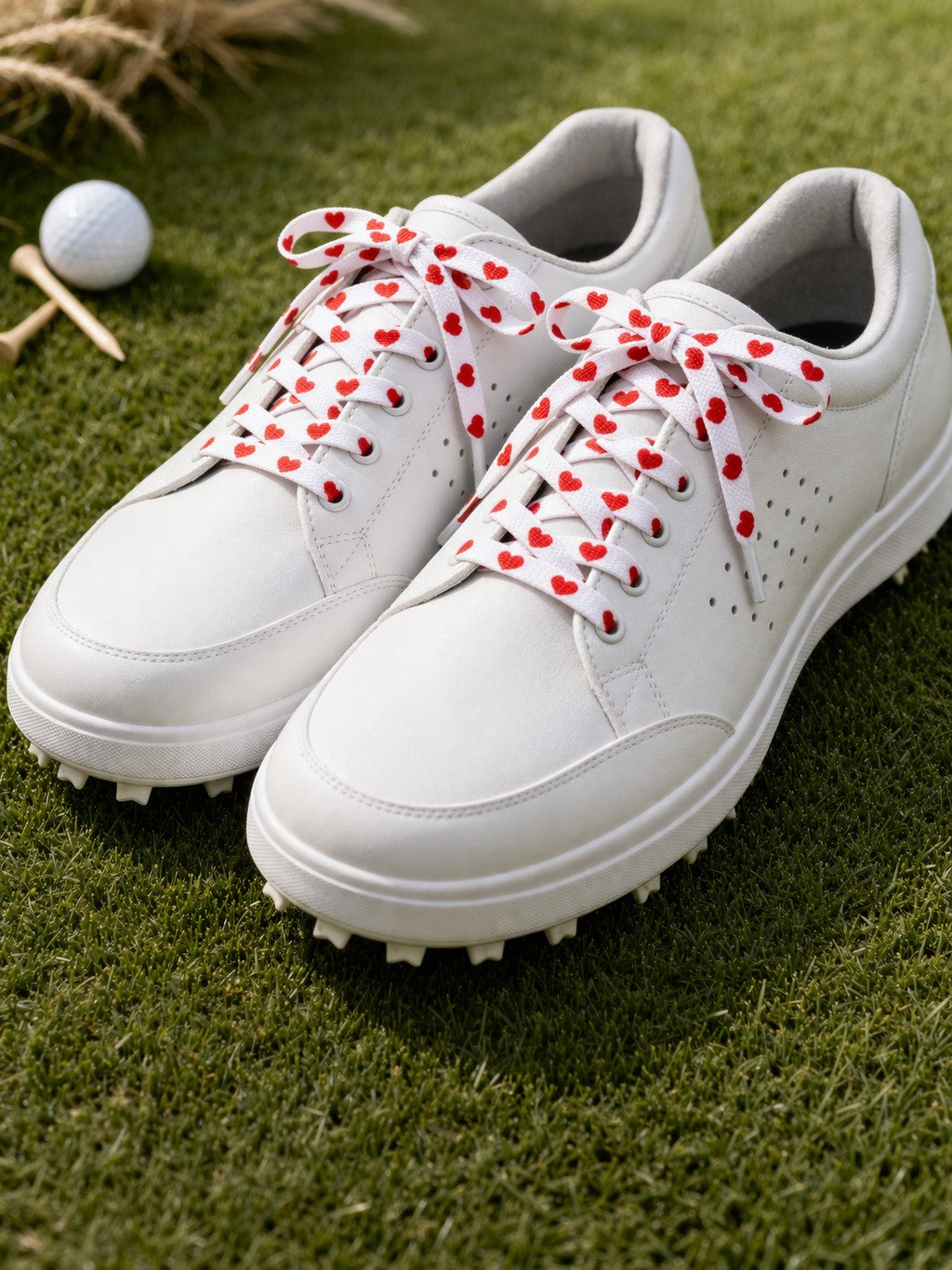 A pair white golf shoes sitting on  green grass with white laces with red heart shaped icons on them. 