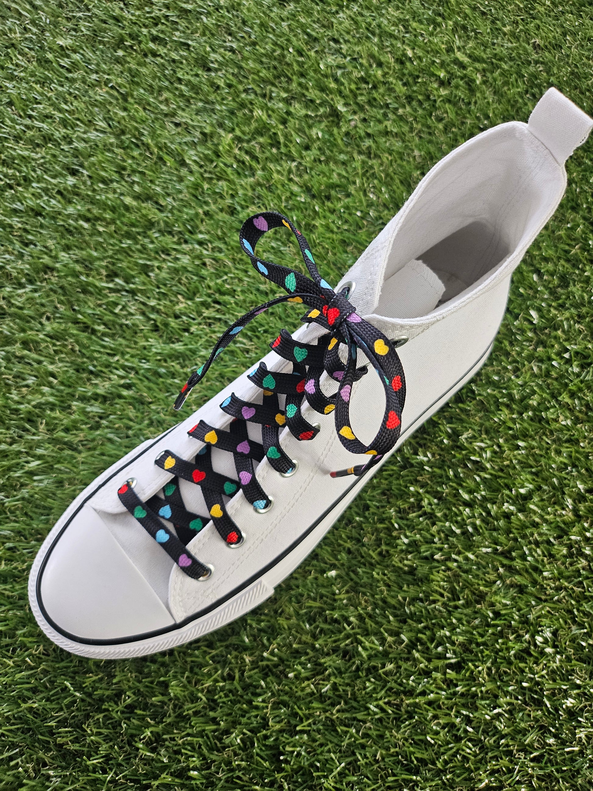 Black & Multi Coloured Heart Laces on a white converse boot