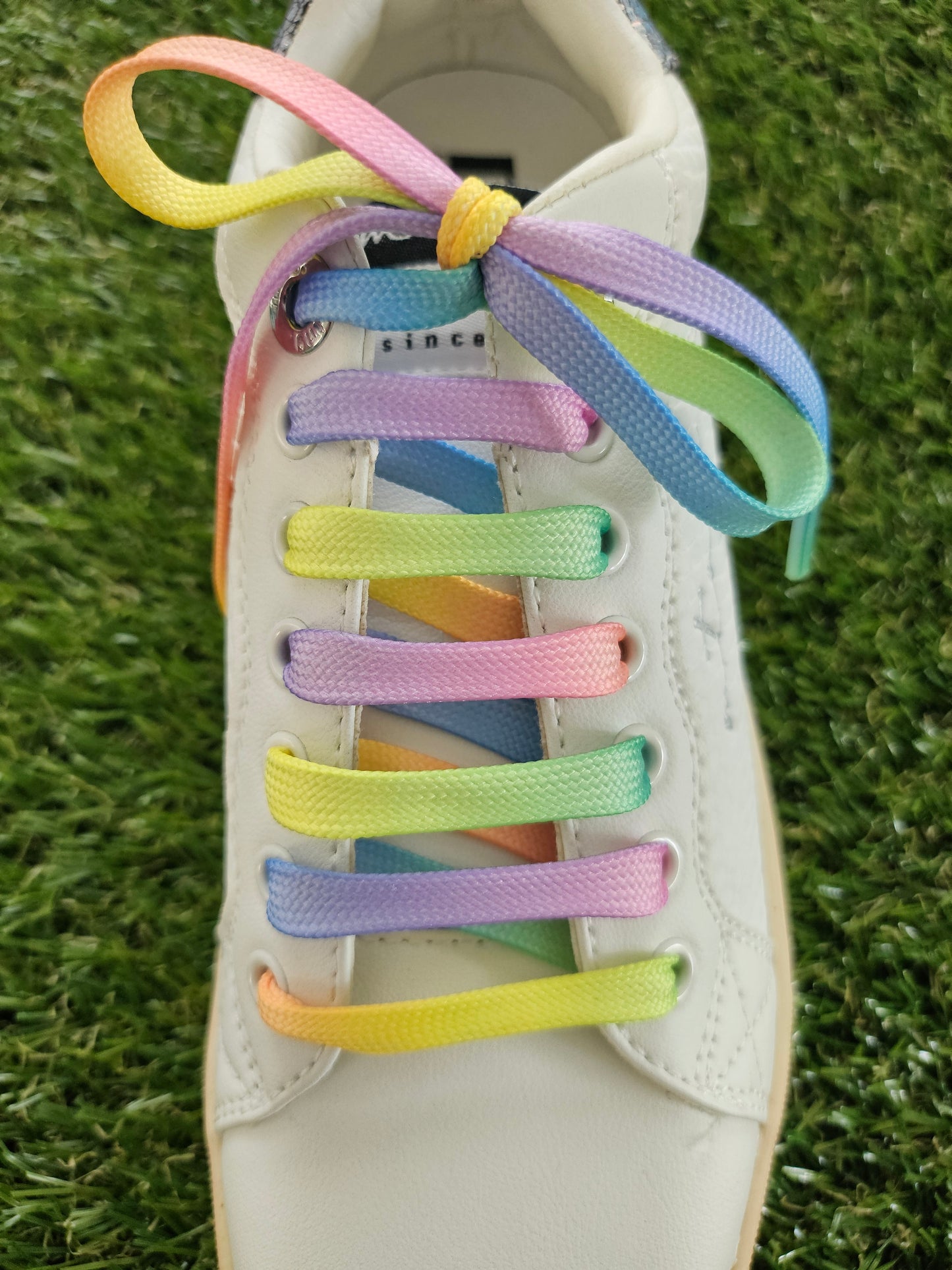 White sneaker with colorful shoelaces on a grass background