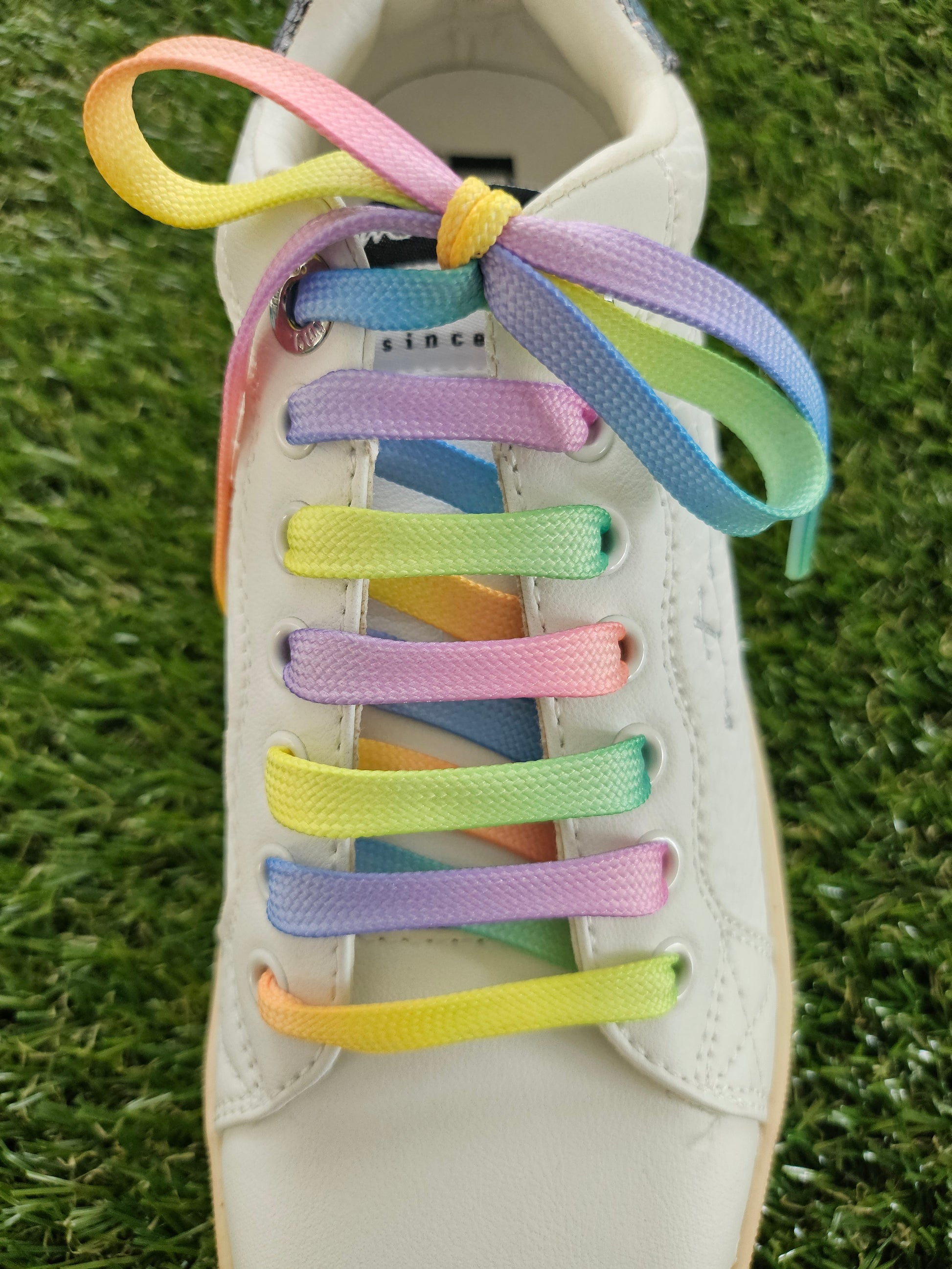 White sneaker with colorful shoelaces on a grass background