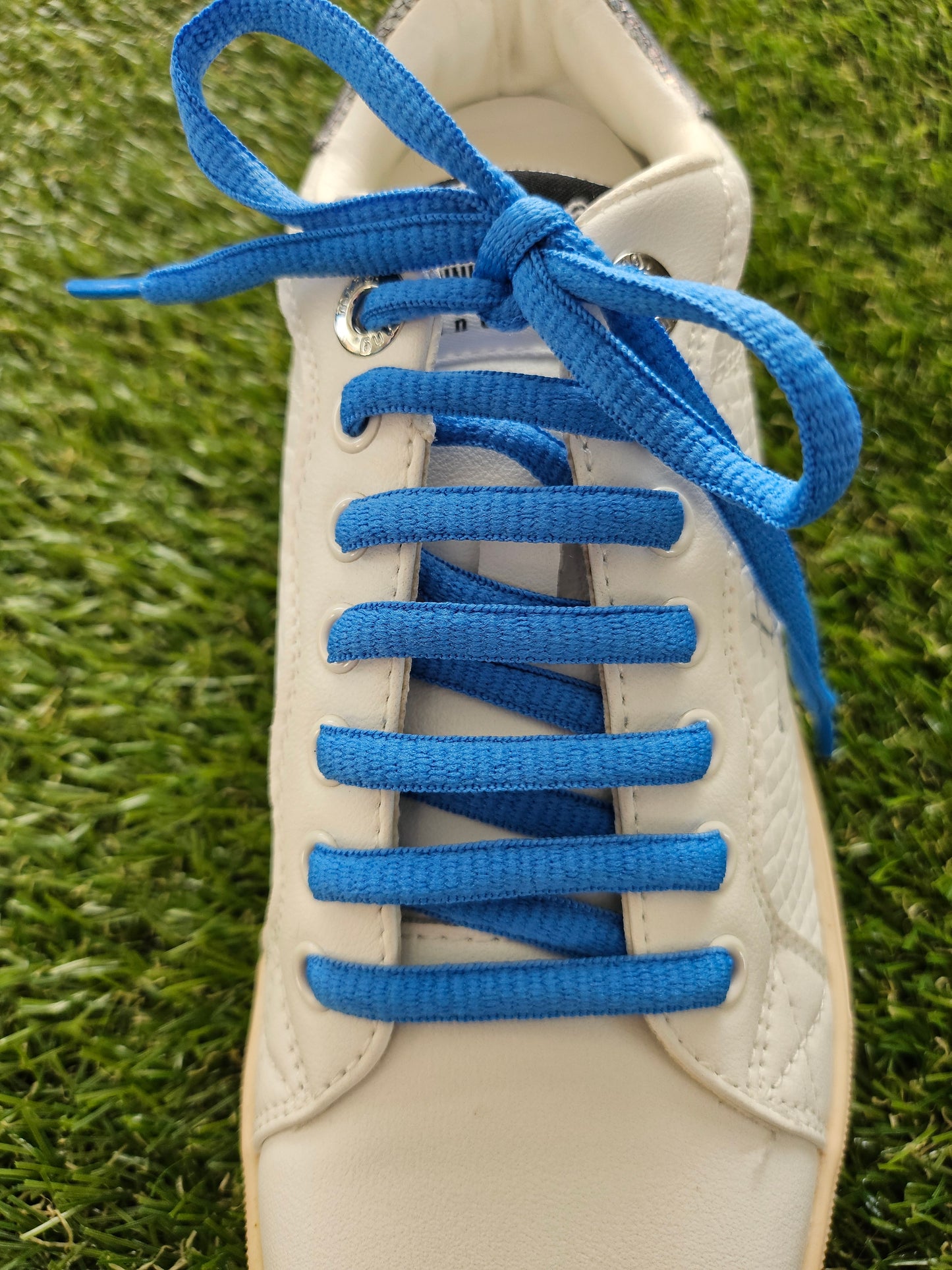 White sneaker with blue laces on a grass background