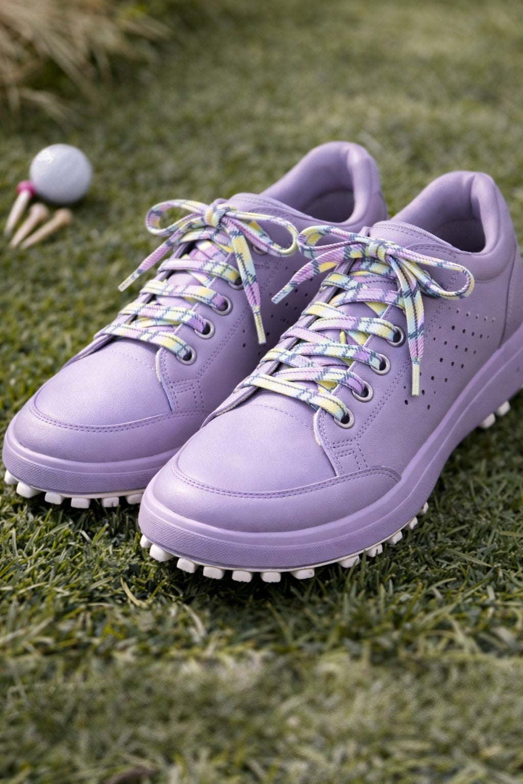 Purple golf shoes with purple and lemon yellow tartan shoelaces on grass with a golf ball in the background