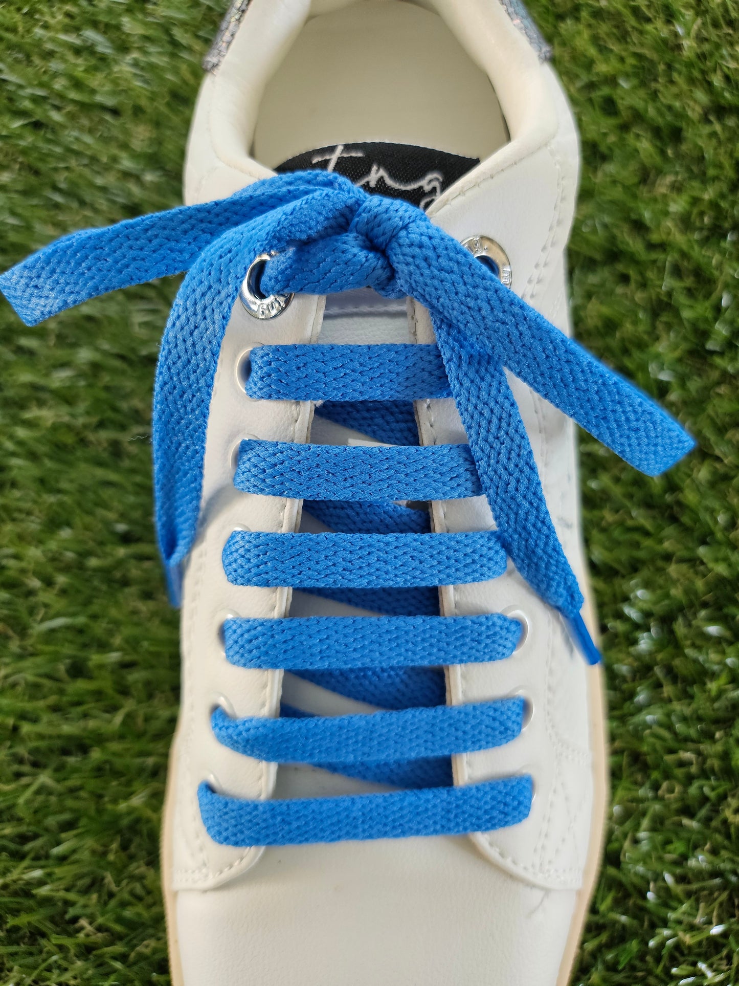 White shoe with blue laces on a grass background