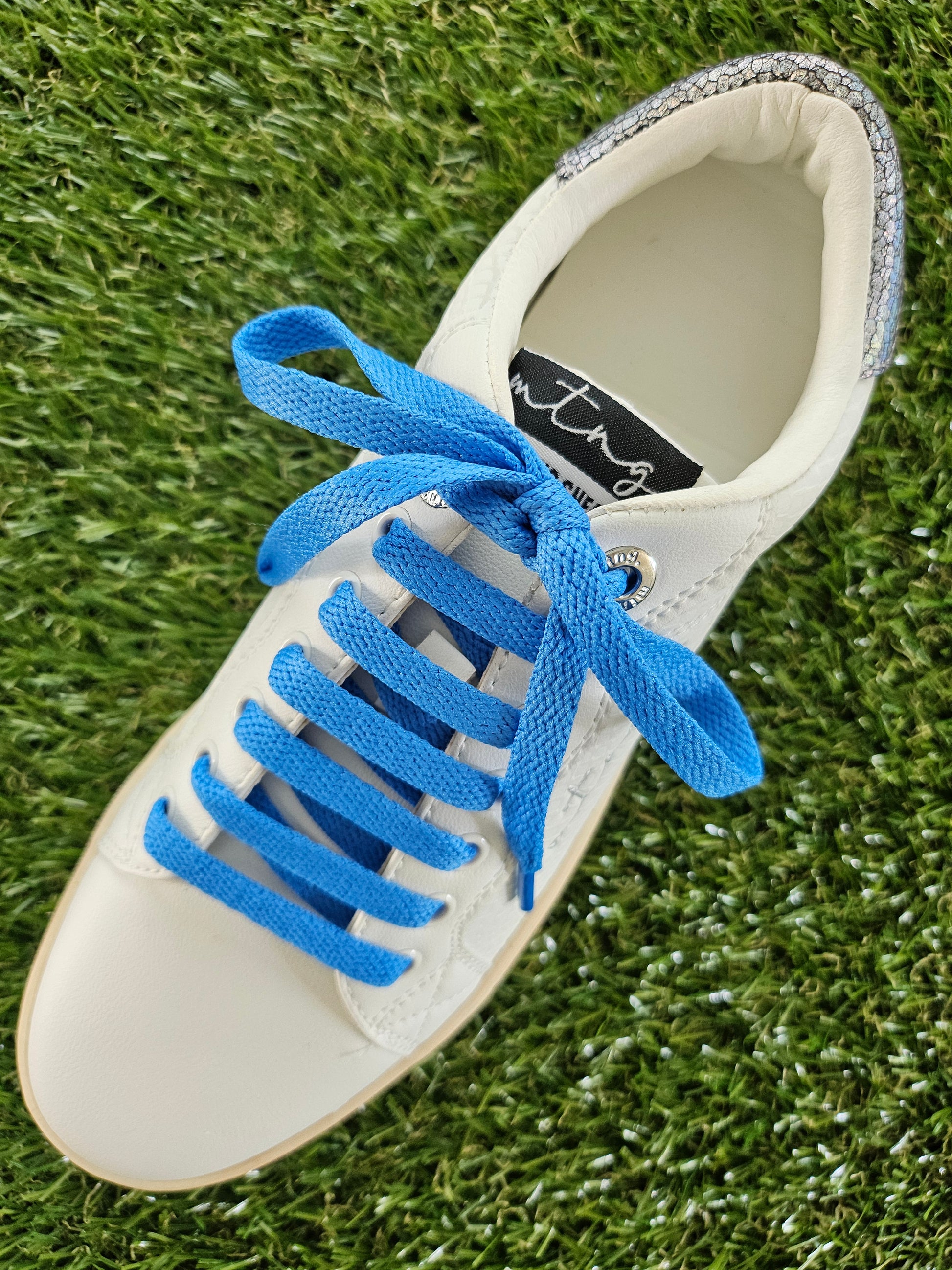 White sneaker with blue laces on grass