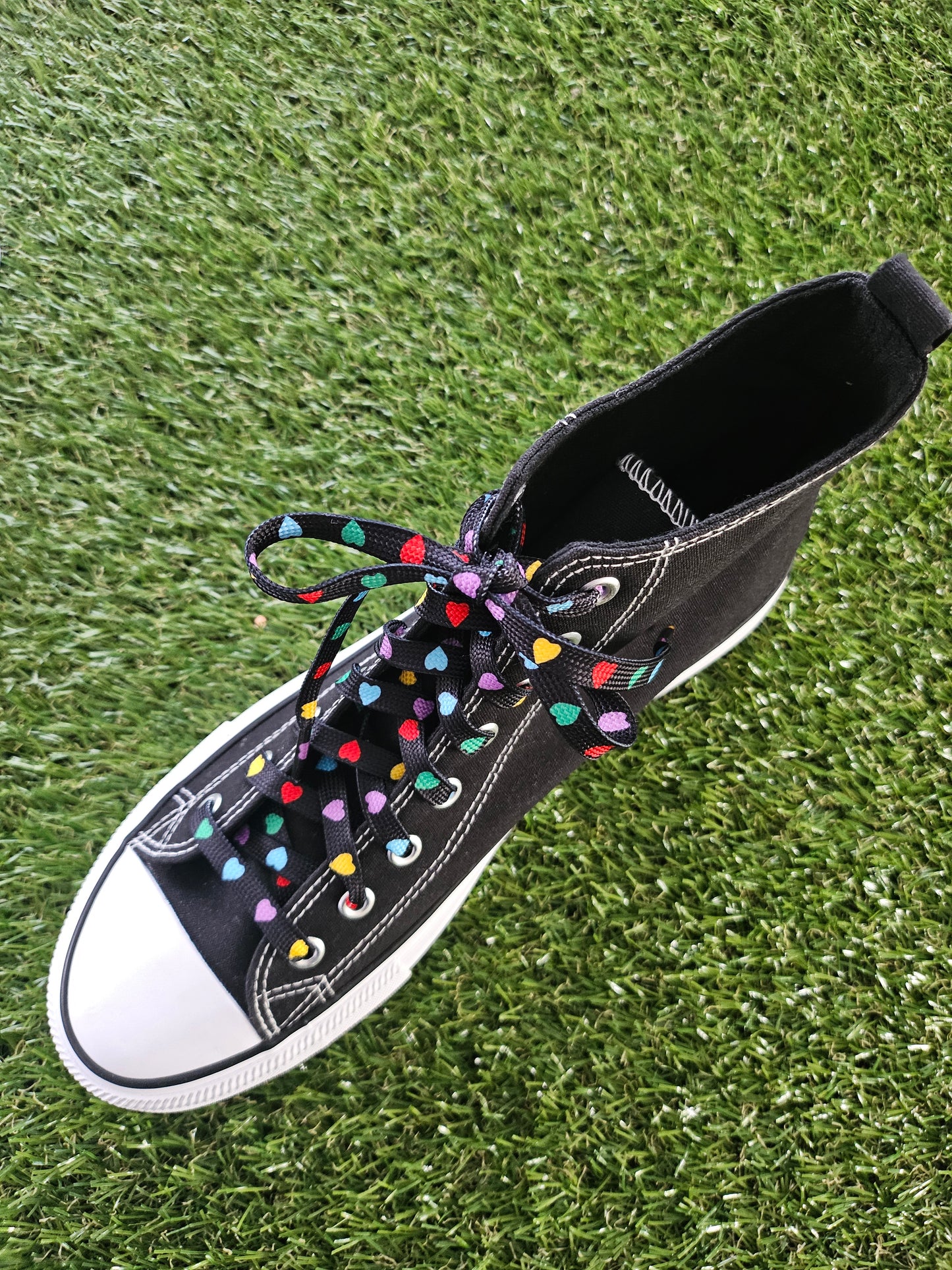 Black & Multi Coloured Heart Laces on a black converse boot