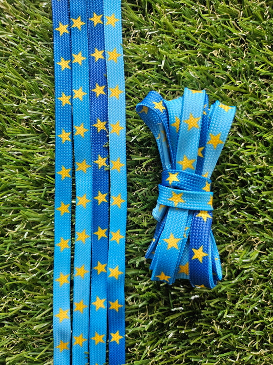 Blue star shoelaces in white golf shoes, flat 140cm patterned laces