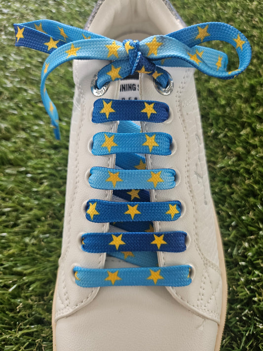Blue and yellow star shoelaces for golf shoes – Ryder Cup inspired laces