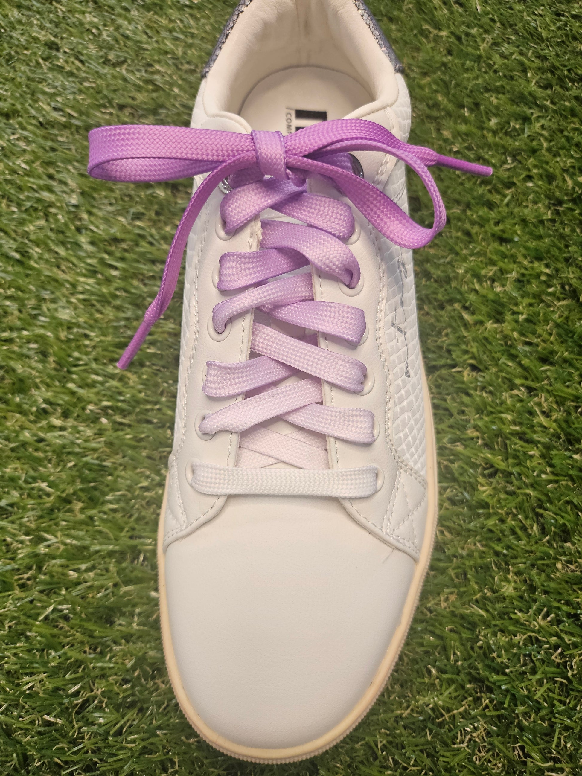 White trainer with purple fade laces on a grass background